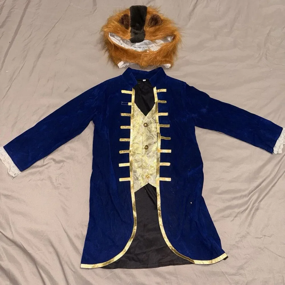 Boys Beauty and the Beast Prince Costume Jacket/Coat Blue Gold w Headpiece Small